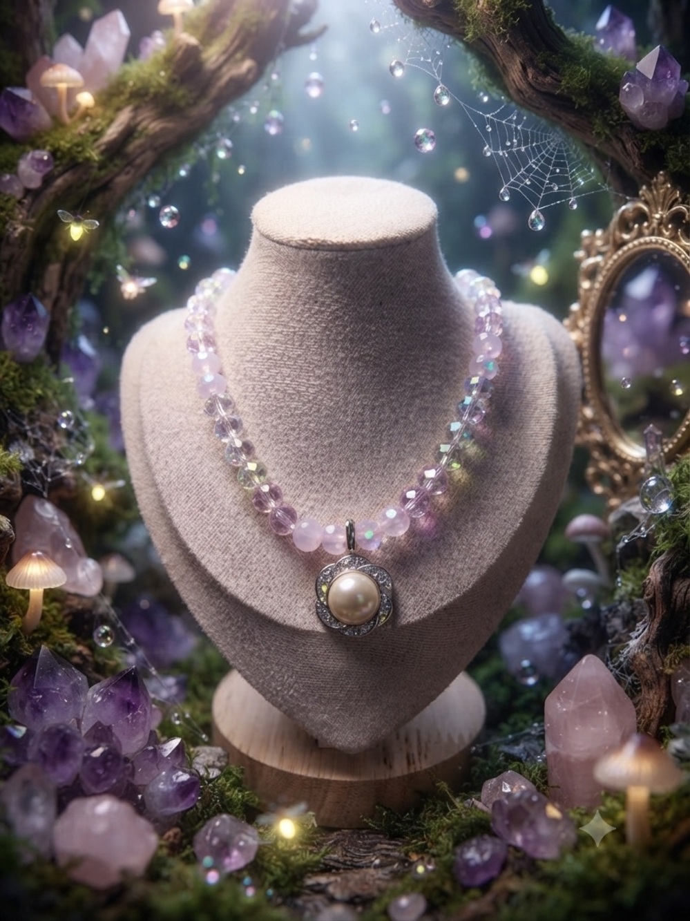 One of a kind Fairycore Pastel Pink Crystal Rhinestone Pearl Silver Necklace